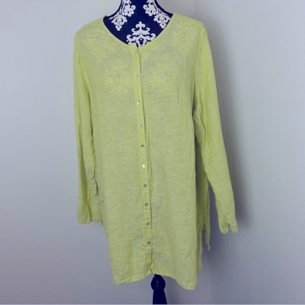 TAHARI 100% Linen Longline Button Down Tunic Shirt